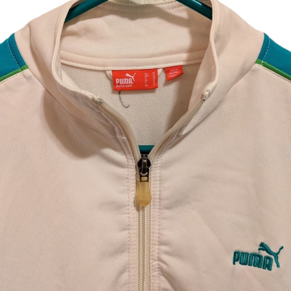 Vintage Zip Up Puma Track Jacket White with Teal/Green Striped Sleeves. Men's M - Picture 7 of 8